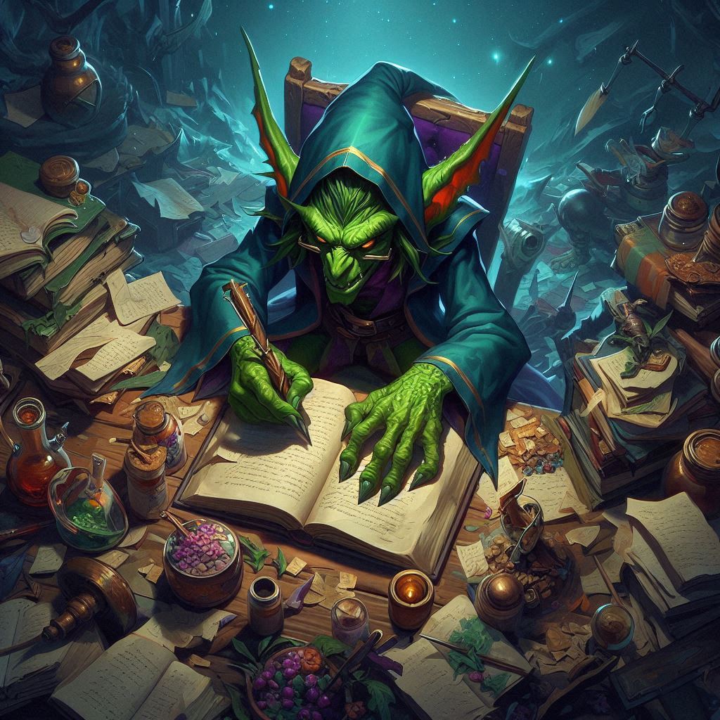 A fantasy goblin writing in a book